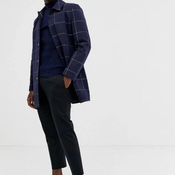 ASOS DESIGN Dark Blue Window Pane Grid Single Breasted Trench Coat S/M - Picture 1 of 7